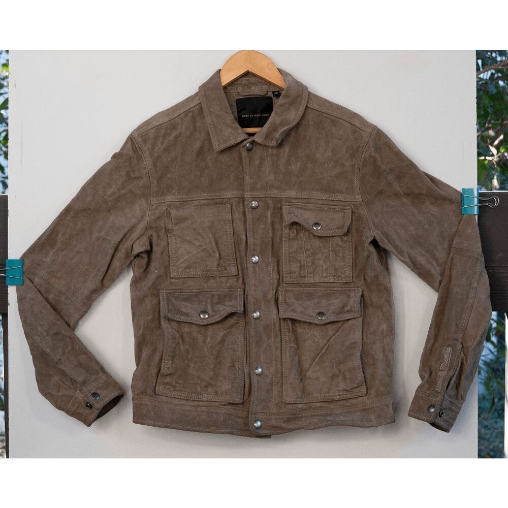 Deus Ex Machina Genuine Suede Leather Jacket Green Grey Buckle Back Men's Size M